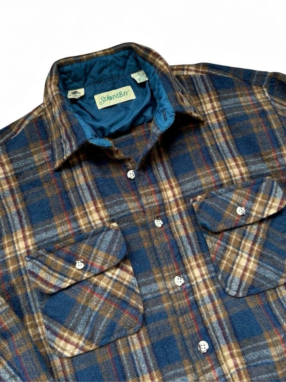 80s St. Johns Bay Men's Plaid Wool Button-Up Shirt XL
